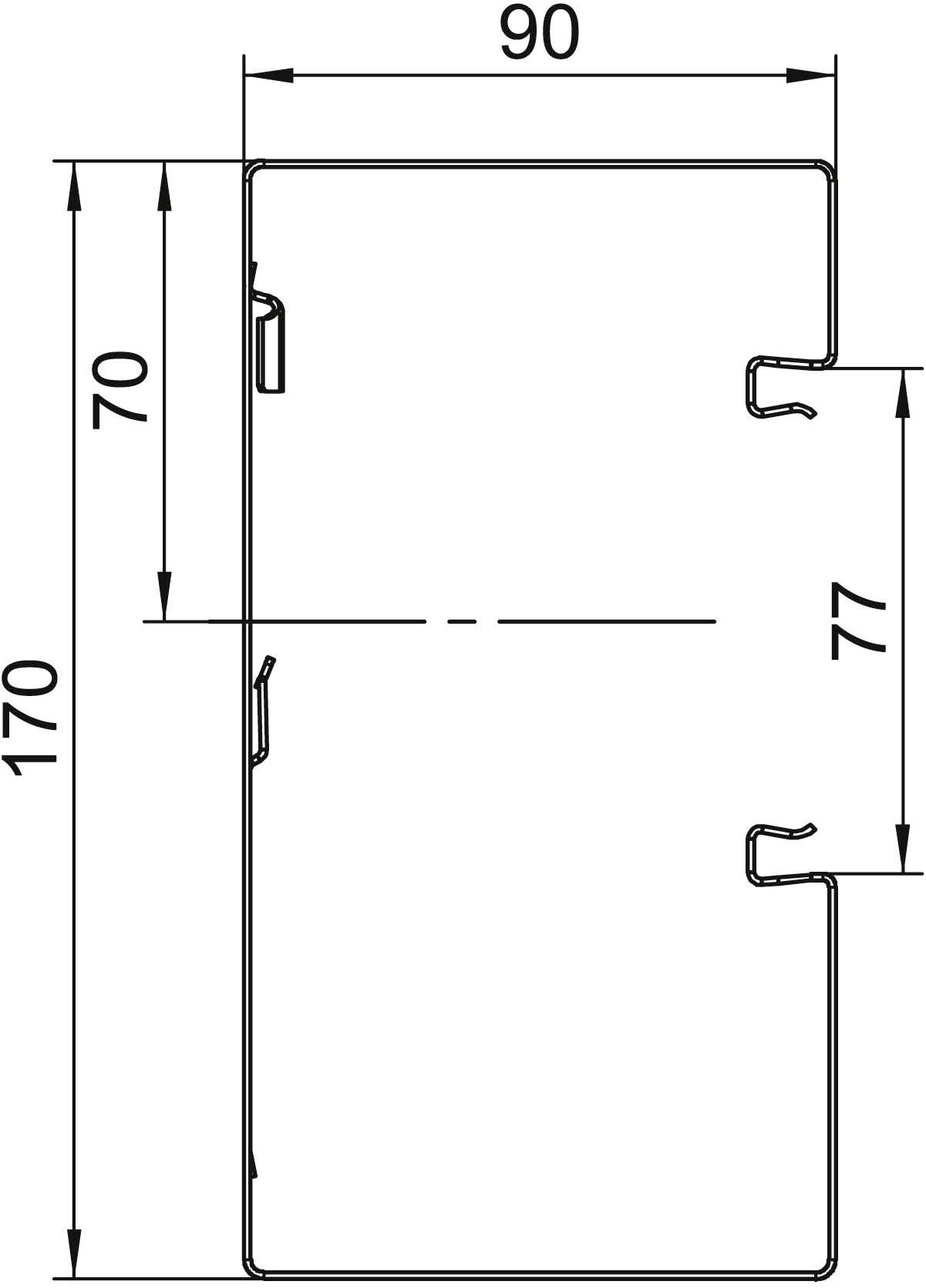 Technische Zeichnung eines Profils mit den Maßen 170 mm Höhe und 90 mm Breite, zeigt spezifische Höhen von 70 mm und 77 mm.