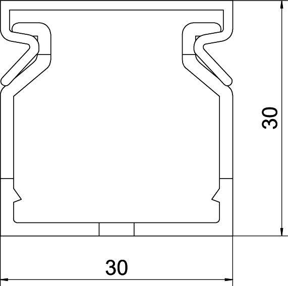 Technische Zeichnung eines Profilschnitts mit quadratischer Basis von 30x30 mm und detaillierten Innenstrukturen.