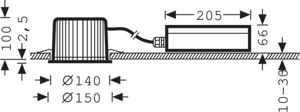Technische Zeichnung eines runden, eingelassenen Lichts mit Abmessungen: Durchmesser 140-150 mm, Höhe 100 mm, weitere Teile 205 mm lang.