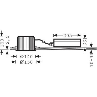 Technische Zeichnung eines runden, eingelassenen Lichts mit Abmessungen: Durchmesser 140-150 mm, Höhe 100 mm, weitere Teile 205 mm lang.