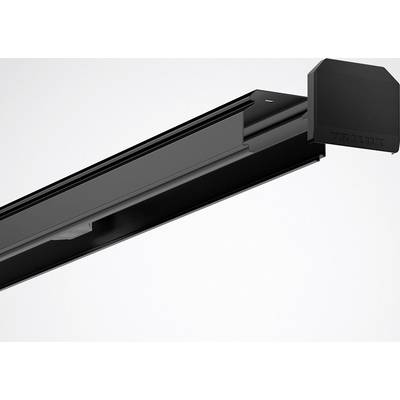 Schwarze Deckenbeleuchtung mit modernem Design, zeigt die Marke 'Trilux' auf der rechten Seite. Dezent und technisch.