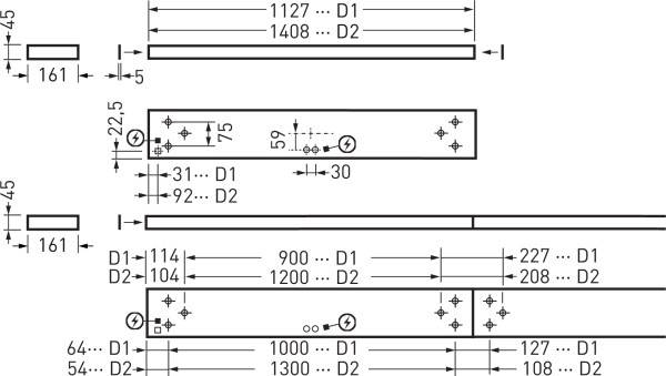 Montageplan mit Abmessungen, Positionen und Durchmessern für verschiedene Teile. Maße zwischen 45 bis 161 mm, mehrere Distanzen und Markierungen.
