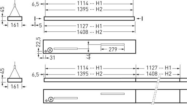 Technische Zeichnung einer Hängeleuchte mit Maßen: Länge 1114-1408 mm, Höhe 161 mm. Zeigt Front-, Seiten- und Obenansicht.