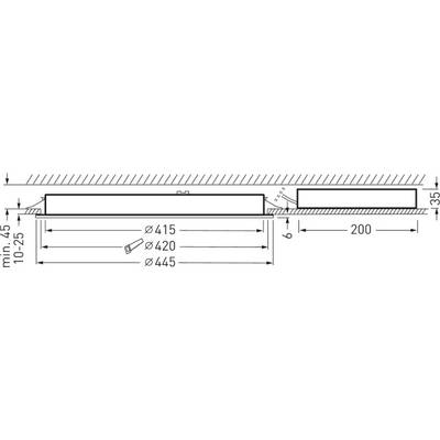 Diagramm eines Leuchteneinbaus. Zeigt Montageanweisungen mit Maßen: Höhe 45-135 mm, Durchmesser 415-445 mm, Abstand 200 mm.