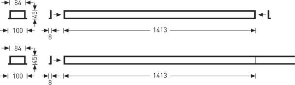 Technische Zeichnung: Zwei rechteckige Balken mit identischen Maßen, 1413 mm lang und 84 mm breit. Abstand 8 mm zwischen Balken.