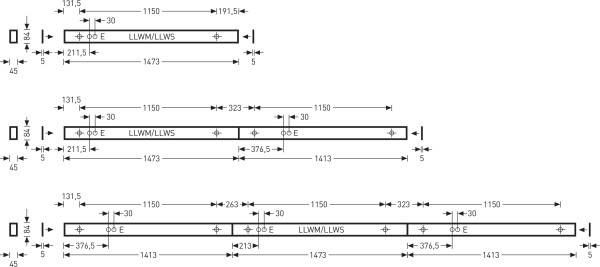 Technische Zeichnung von Balkenkomponenten mit Maßangaben, Pfeilen und Symbologie. Zeigt drei verschiedene Balkenlängen und ihre Maßeinheiten.