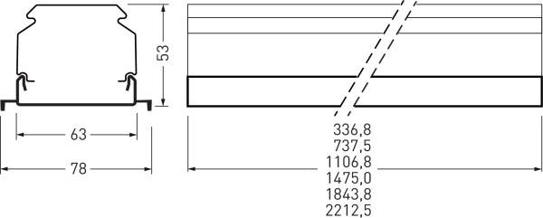 Technische Zeichnung eines Profils mit Maßen: 53 mm Höhe, 78 mm Breite, diverse Längen: 336,8 mm bis 2212,5 mm.