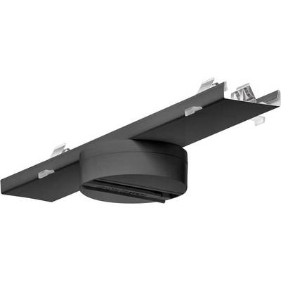 Eine schwarze, runde Deckenleuchte mit schmalem Montagearm, befestigt an einer weißen Decke. Elegant und modern.