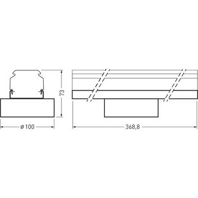 Technische Zeichnung von Bauteil mit Maßen: links Durchmesser 100 mm, Höhe 73 mm, rechts Breite 368,8 mm mit detaillierter Schnittansicht.