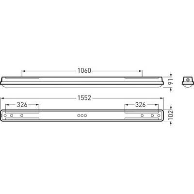 Technische Zeichnung einer länglichen Leuchte mit Maßen: Länge 1552 mm, Breite 91 mm, Höhe 102 mm. Befestigungspunkte bei 326 mm und 1060 mm.