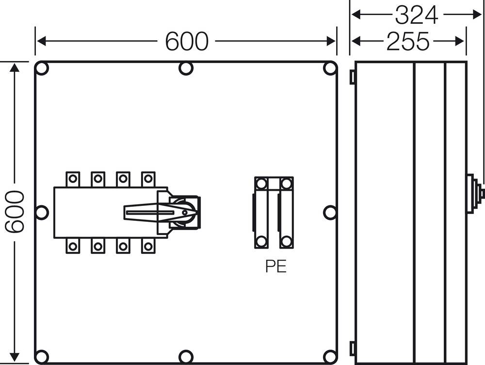 'Schaltkasten-Diagramm mit den Abmessungen 600 mm x 600 mm. Zeigt Positionen von Hauptschalter und Erdungspunkt, Beschriftung: PE.'