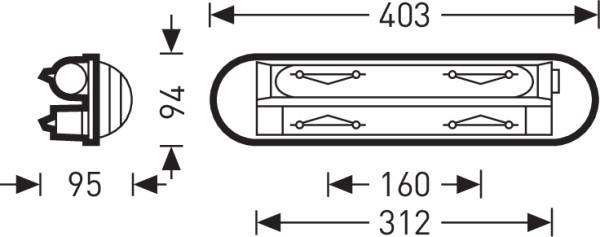Technische Zeichnung eines ovalen Bauteils mit Maßen: Länge 403 mm, Breite 95 mm, Höhe 94 mm. Verschiedene Innenabschnitte markiert.