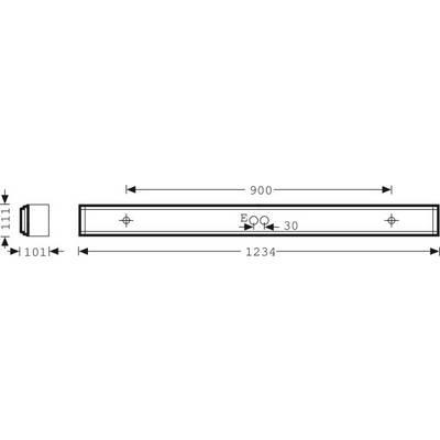 Technische Zeichnung eines rechtwinkligen Objekts. Maße: Länge 1234 mm, Breite 101 mm, Höhe 111 mm. Lochabstand 900 mm, Lochdurchmesser 30 mm.