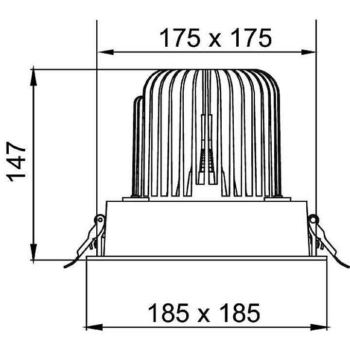 Technische Zeichnung eines quadratischen Deckenstrahlers mit Kühlrippen, Abmessungen: Breite 185 mm, Höhe 147 mm.