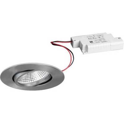 Ein silberner LED-Spot mit runder Einfassung und schwarzem, rotem Kabel, verbunden mit einem rechteckigen weißen Netzteil.