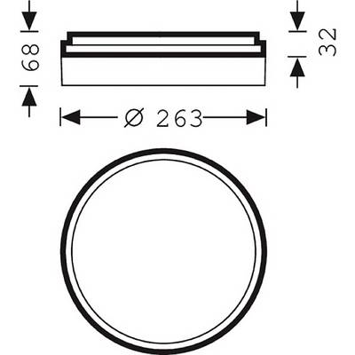 Technische Zeichnung einer runden Leuchte mit den Maßen: Durchmesser 263 mm, Höhe 68 mm, Höhe der inneren Struktur 32 mm.