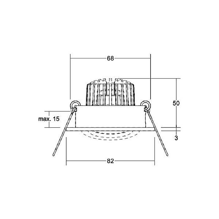 Technische Zeichnung eines runden Einbaustrahlers mit den Maßen: Durchmesser 82 mm, Einbautiefe 50 mm, Außendurchmesser 68 mm.