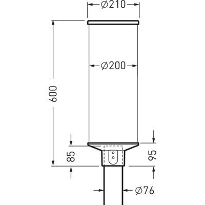 Technische Zeichnung eines zylindrischen Objekts mit Abmessungen: Höhe 600 mm, Durchmesser oben 210 mm, Durchmesser innen 200 mm.