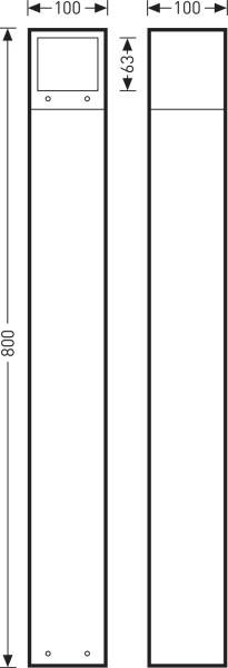 Technische Zeichnung eines quadratischen Pfostens mit Maßen: 800 mm hoch, 100 mm breit. Links: mit kleinem Visier; rechts: glatt.