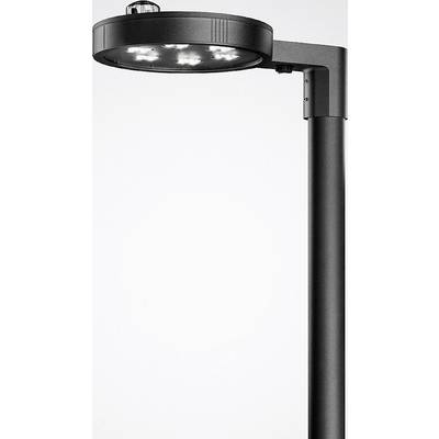 Eine moderne, schwarze Straßenlaterne mit rundem LED-Leuchtkopf, abgebildet vor neutralem Hintergrund.