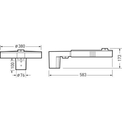 Technische Zeichnung: Zwei Ansichten eines Geräts mit Hauptabmessungen. Links: Draufsicht, Ø380 mm. Rechts: Seitenansicht, Länge 583 mm, Höhe 173 mm.