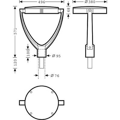 Technische Zeichnung einer Straßenlaterne mit frontaler, seitlicher und Draufsicht. Maße: 496x571 mm, 380 mm, Rohrdurchmesser: 76 mm.