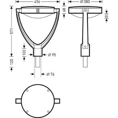 Technische Zeichnung einer Leuchte mit Maßen: Breite 496 mm, Tiefe 380 mm, Höhe 571 mm, Montagehöhe 1100 mm, zwei Montageoptionen.