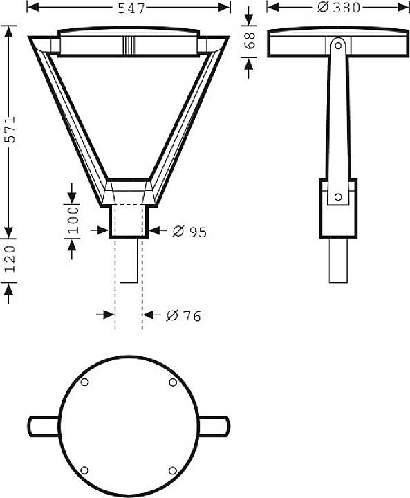 Technische Zeichnung einer Straßenlaterne mit Maßen: Breite 547 mm, Höhe 571 mm, Durchmesser des Pfeilers 76 mm und mehr.