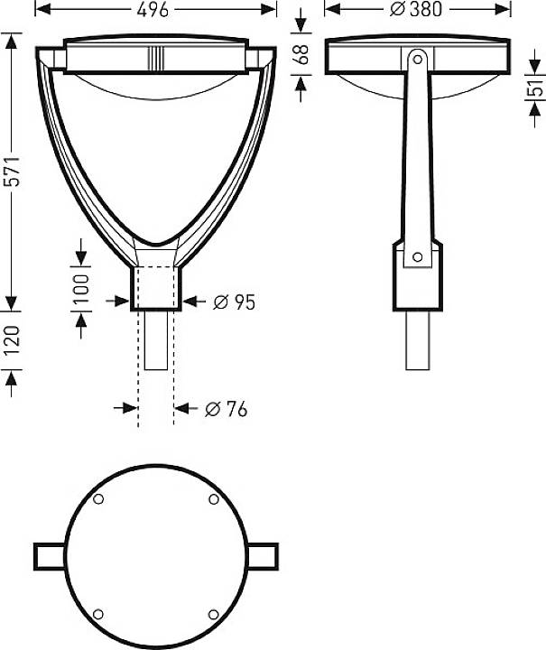 Technische Zeichnung einer Straßenlaterne, zeigt Front-, Seiten- und Draufsicht mit Maßangaben; wichtige Maße: Höhe 571 mm, Breite 496 mm.