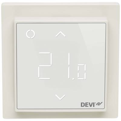 Ein weißes Thermostat an der Wand zeigt '21,0' Grad Celsius an. Zwei Pfeile zum Einstellen der Temperatur und das DEVI-Logo sind sichtbar.