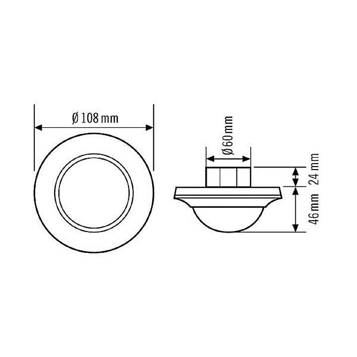 Technische Zeichnung eines runden Einbaustrahlers. Maße: Außendurchmesser 108mm, Innendurchmesser 60mm, Gesamthöhe 46mm.