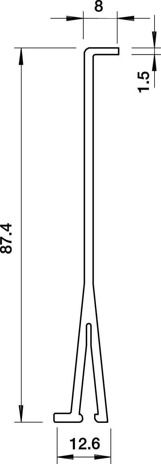 Technische Zeichnung eines Metallprofils mit Maßen: Höhe 87,4 mm, Breite 12,6 mm, Dicke 1,5 mm, obere Kante 8 mm.