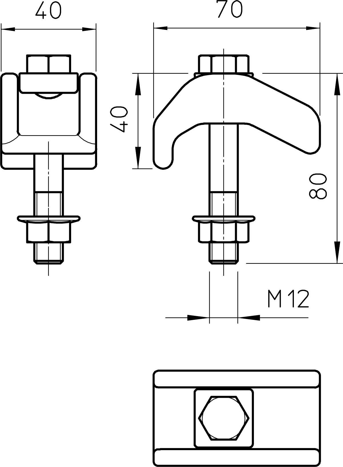 Technische Zeichnung einer Befestigungsklemme mit Abmessungen: 40 mm breit, 70 mm lang, 80 mm hoch, Gewinde M12. Draufsicht und Seitenansicht.