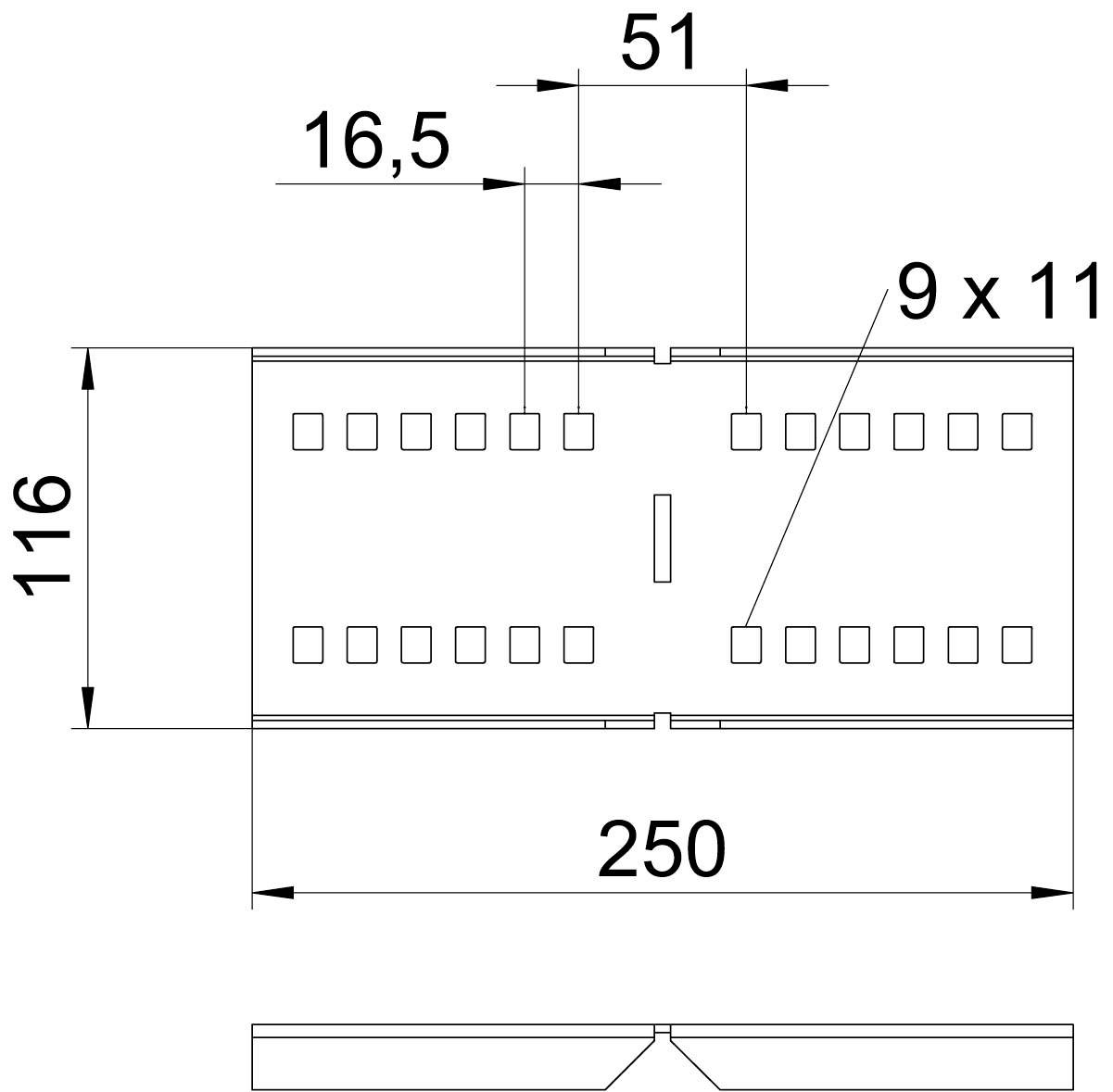 'Technische Zeichnung eines rechteckigen Bauteils mit den Maßen 250 x 116 mm. Löcher sind 9 x 11 mm groß. Abstand der Löcher ist 16,5 mm, die Gesamtbreite 51 mm.'