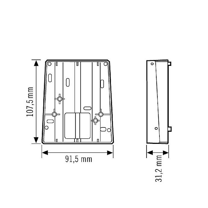 Technische Zeichnung einer rechteckigen Platte mit den Maßen: Höhe 107,5 mm, Breite 91,5 mm, Tiefe 31,2 mm, Seiten- und Vorderansicht.