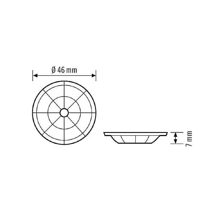 'Technische Zeichnung einer runden Abdeckung mit einem Durchmesser von 46 mm und einer Höhe von 7 mm, Seiten- und Draufsicht.'