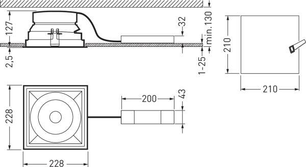 Technische Zeichnung einer quadratischen Einbauleuchte. Maße: 228x228 mm, Einbautiefe: 32 mm, Kabellänge: 200 mm, Mindestinstallationshöhe: 130 mm.