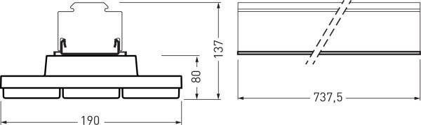 Technische Zeichnung eines rechteckigen Geräts mit Maßen: Breite 190 mm, Höhe 137 mm, Tiefe 737,5 mm. Zeigt Seiten- und Vorderansicht.