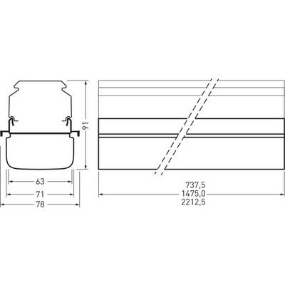 Technische Zeichnung eines Profils mit Maßen: Höhe 91 mm, Breite 63 mm; drei Breitenvarianten rechts: 737,5 mm, 1475,0 mm, 2212,5 mm.