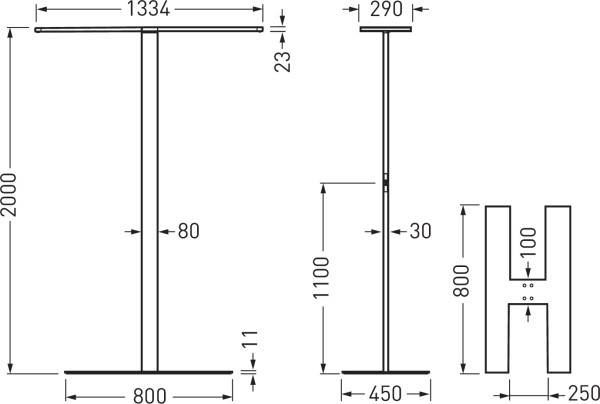 Eine technische Zeichnung eines T-förmigen Metallgestells mit Abmessungen: Höhe 2000 mm, Breite 1334 mm, Sockel 800 mm.