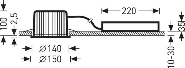 'Zeichnung eines Einbauleuchtensystems mit Abmessungen: 220 mm Länge, 100 mm Höhe; Durchmesser 140-150 mm.'