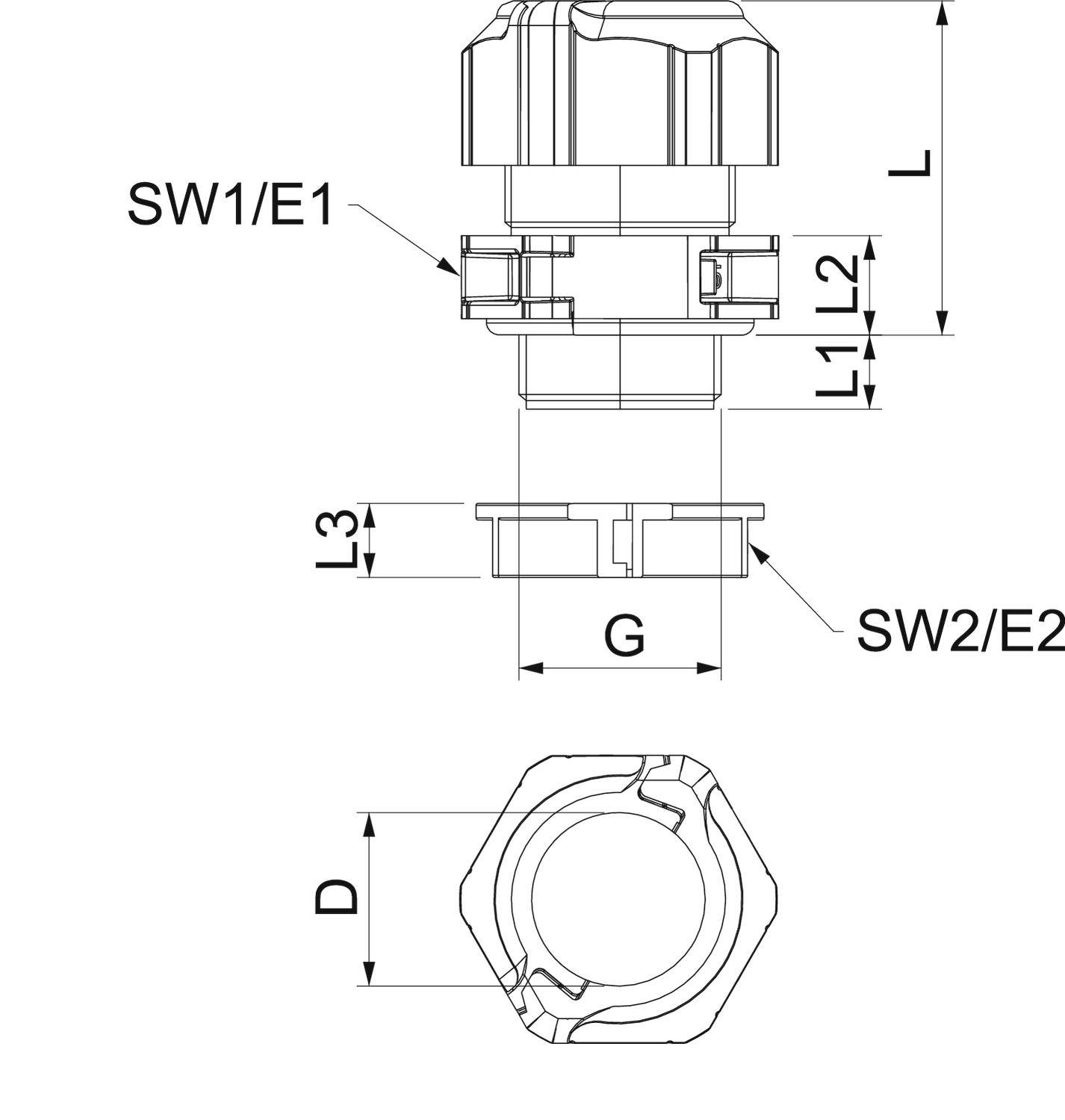 Technische Zeichnung eines Verschraubungselements mit Maßen für SW1/E1, L, L1, L2, L3, G, SW2/E2 und D. Ansicht von vorne und oben.