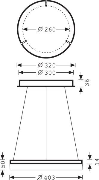 Querschnittszeichnung einer konischen Struktur mit Durchmessern von 260 mm oben, 300 mm unten und 320 mm außen. Höhe: 500 mm.