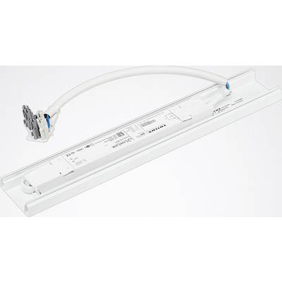Ein LED-Treiber mit integriertem Kabel und Anschlussstück, montiert auf einer weißen Leiste. Geeignet für den Einbau in Lichtsysteme.
