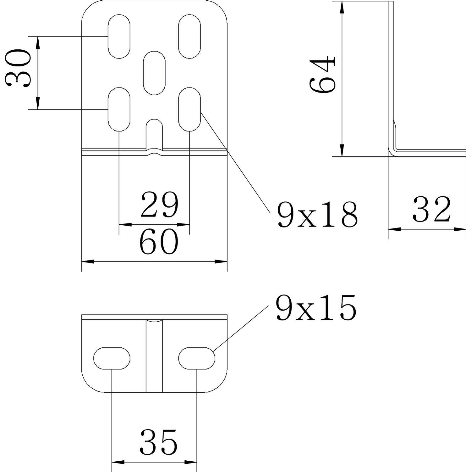 Technische Zeichnung eines Metallwinkels mit Maßen: Höhe 64 mm, Breite 60 mm, Lochgrößen 9x18 mm und 9x15 mm, Materialdicke 30 mm.