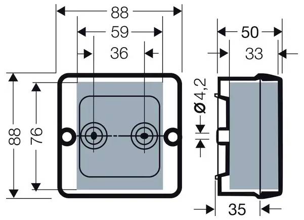'Technische Zeichnung einer quadratischen Elektrobox mit Seitenansicht und Abmessungen: 88x88x35mm. Enthält Lochdurchmesser und Abstandsmessungen.'