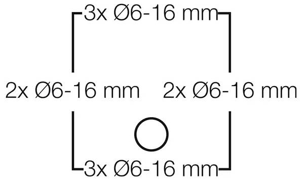Diagramm, das ein Rechteck mit vier beschrifteten Abschnitten zeigt: 3x Ø6-16 mm oben, 2x Ø6-16 mm an den Seiten, 3x Ø6-16 mm unten, Kreismitte.