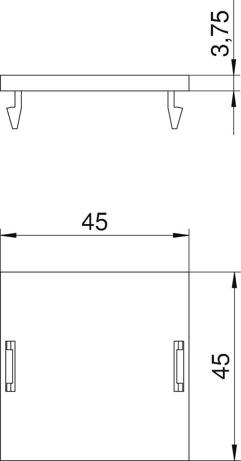 Technische Zeichnung eines quadratischen Objekts mit den Maßen 45x45 und einer Dicke von 3,75. Oben sind zwei Haken zu sehen.