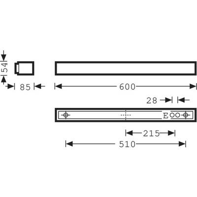 Technische Zeichnung eines rechteckigen Balkens mit den Maßen 600 mm Länge, 85 mm Breite und 54 mm Höhe. Zeigt Bohrloch- und Abstanddetails.