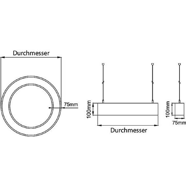 'Designzeichnung einer Lampe: Rund, Durchmesser 100 mm, Höhe 75 mm. Seitenansicht zeigt Höhe 100 mm und Durchmesser 75 mm.'